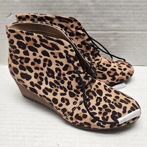 Dr Scholls Leopard Lace Up Wedge Booties Shoes Tassel Vegan Faux Fur Dakota 8.5